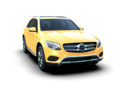 Beyaz arka planda sarı bir araba, 3 boyutlu.