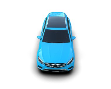 Mavi arka planda izole edilmiş mavi bir araba. 3d oluşturma