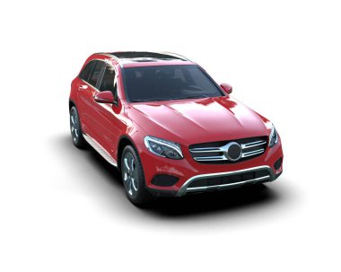 Modern araba arka planda izole edilmiş. 3D görüntüleme - ön görünüm.