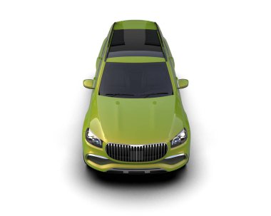 Beyaz arka planda yeşil, modern bir araba. 3d oluşturma