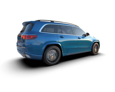 Güzel bir ailesi olan mavi lüks bir cip. 3d oluşturma