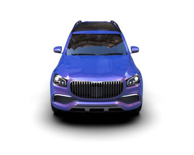 Beyaz arka planda mavi modern bir araba. Aile ve ulaşım kavramı