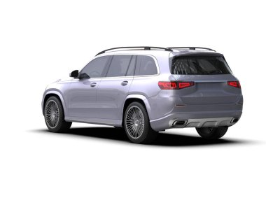 Beyaz arka planda izole edilmiş modern lüks bir araba. Gri arka planda gölgeli bir bardak su. 3d oluşturma