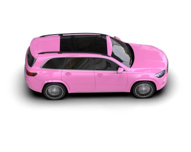 Siyah arka planı olan pembe bir araba, 3 boyutlu.