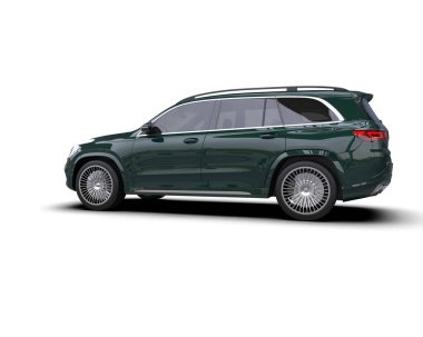 Beyaz arka planda yeşil bir cip. 3d oluşturma