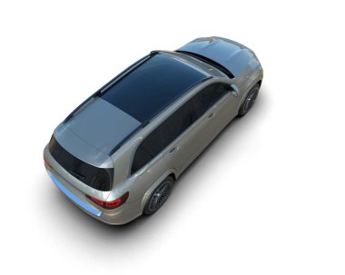 Stüdyo ortamında beyaz arka planda izole edilmiş 3 boyutlu bir SUV araba.