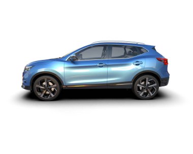 Beyaz arka planda, açık mavi renkli, beyaz arka planda modern bir araba. Araba ailemize ait..