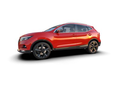 Kırmızı lüks SUV arabası beyaz arka planda izole edildi.