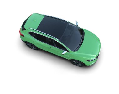 Beyaz arkaplanda 3 boyutlu yeşil araç var.