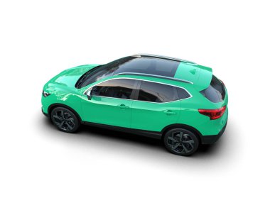 Şehir ışıkları ve arka manzaralı modern yeşil bir araba. 3d illüstrasyon