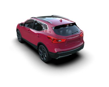 Boş yüzeyi olan modern kırmızı bir araba. Beyaz arka planda reklamcılık için çok fazla tasarım var. 3d oluşturma