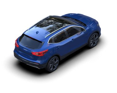 Beyaz arka planda gölgeli modern mavi SUV. 3d oluşturma