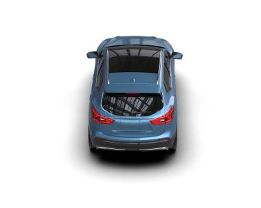 Mavi şehir arabası izole edildi. Gölgeli 3D illüstrasyon.