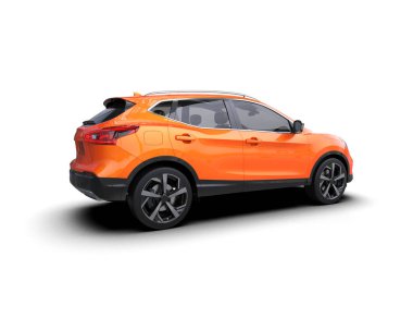 Beyaz arka planda güzel turuncu bir arabası olan modern kompakt bir araba. 3d oluşturma