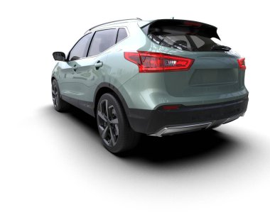 Beyaz arka planda gölgesi olan modern bir araba. Şehir arabası, arabası ve cesedinin olduğu şehir arabasının 3 boyutlu görüntüsü.