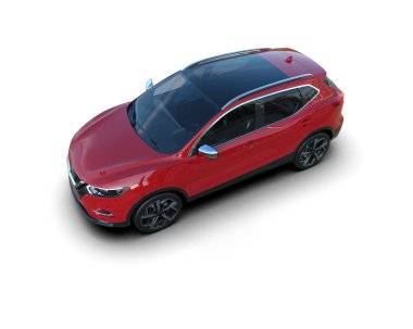 Yoldaki kırmızı araba beyaz arka planda izole edilmiş.