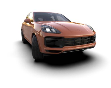 Beyaz arka planda turuncu, modern bir araba. 3d oluşturma.