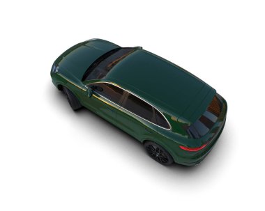 Beyaz arkaplanda izole edilmiş yeşil bir SUV 'un 3 boyutlu görüntüsü