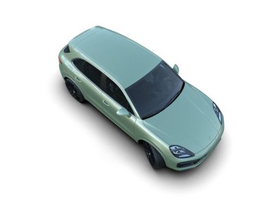 Beyaz arka planda, stüdyoda izole edilmiş yeşil bir arabanın 3 boyutlu görüntüsü.