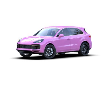 Beyaz arka planda pembe bir araba. 3d illüstrasyon.