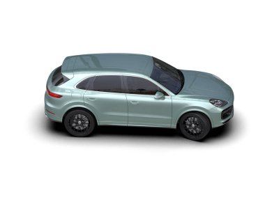 Stüdyo ortamında daha az markalı bir SUV 'un 3 boyutlu görüntüsü beyaz renkte izole edilmiş.