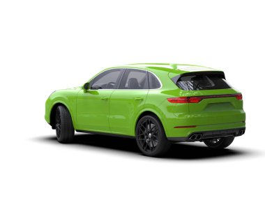 Arka manzaralı modern yeşil bir araba. 3d oluşturma