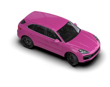 Kırpma yolu olan beyaz bir arka planda izole edilmiş mor bir araba. 3d oluşturma