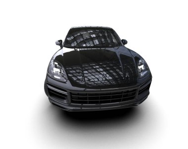 Siyah bir arabanın 3 boyutlu görüntüsü beyaz arka planda izole edilmiş.