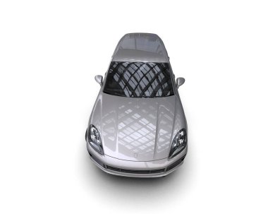 Beyaz arka planda gümüş metalik lüks bir araba. 3d illüstrasyon.