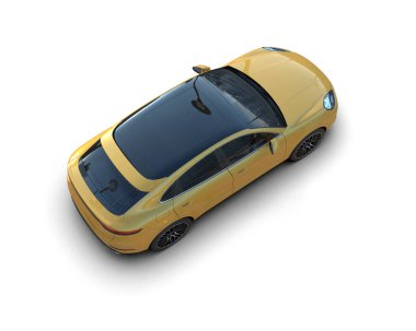 Beyaz arka planda gölgesi olan sarı modern bir araba. 3 Boyutlu Hazırlama