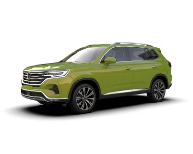 Beyaz arka planda modern yeşil araba. 3d illüstrasyon