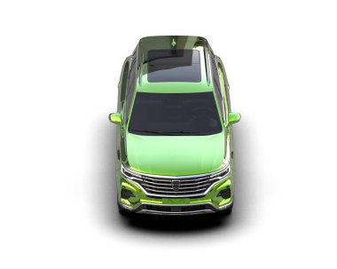 Yeşil manzaralı gerçekçi bir cip. 3D görüntüleme - 3d illüstrasyon