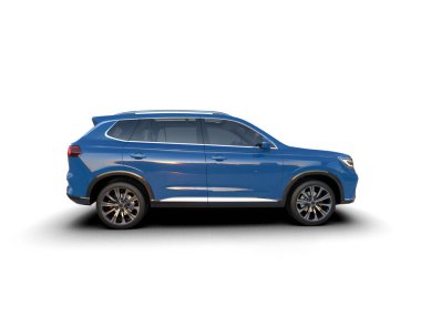 Beyaz arka planda mavi bir cip. 3d oluşturma