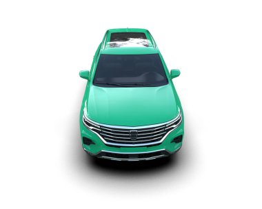 Beyaz izole edilmiş arka planda yeşil renkli bir kamyonetin üç boyutlu resmi. 3d oluşturma