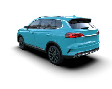 Mavi SUV, beyaz arka planda ailen için orta boy. 3d oluşturma