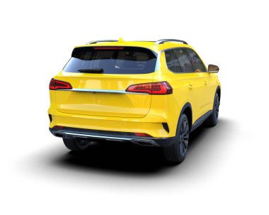 Beyaz arka planda sarı bir cip. 3d oluşturma