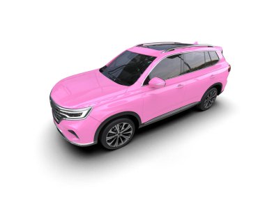 Beyaz arka planda pembe bir araba. Kompakt araba. 3d illüstrasyon.