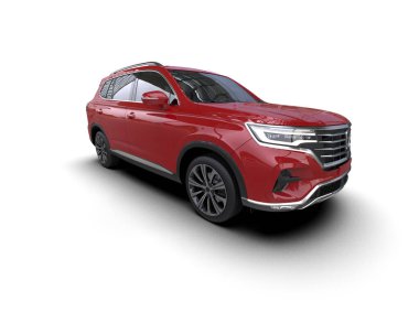 Beyaz stüdyo arka planında 3 boyutlu markasız bir SUV.