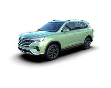 Beyaz arka planda yeşil lüks bir araba, 3 boyutlu.