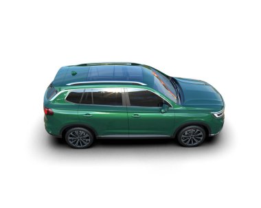 Tasarım için boş olan küçük yeşil bir araba. 3 boyutlu resimleme.