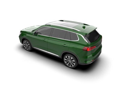 Beyaz arka planda modern yeşil arazi aracı. 3d oluşturma