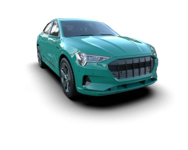 Üç boyutlu yeşil spor araba, gri stüdyo arabasında izole edilmiş.