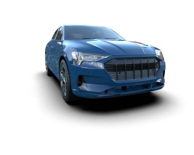 Beyaz arka planda gölgesi olan modern lüks bir araba. Mavi arabalı bir arabanın 3 boyutlu tasarımı..