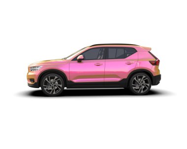 Beyaz arka planda pembe, modern bir araba. 3d oluşturma