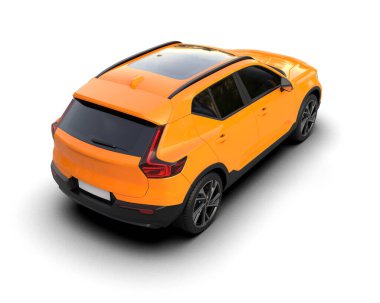 Modern araba beyaz bir arka planda izole edilmiş, gölgesi olan ve güzel bir şehir arka planına sahip. 3d oluşturma