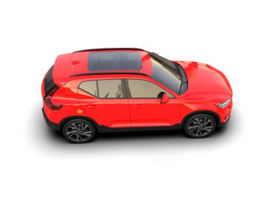 Beyaz arka planda kırmızı araba. 3d illüstrasyon