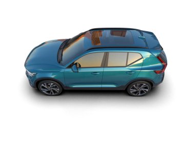 Modern mavi araba beyaz arka planda izole edilmiş. 3d illüstrasyon