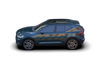 Beyaz arka planda gölgesi olan modern küçük bir araba.