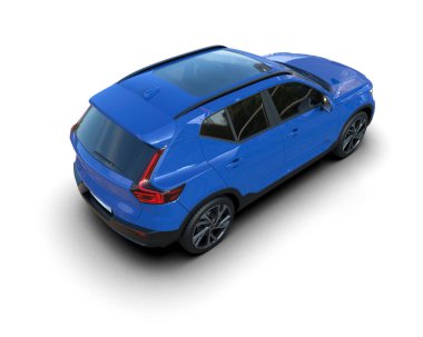 Beyaz arka planda mavi araba. 3d oluşturma.