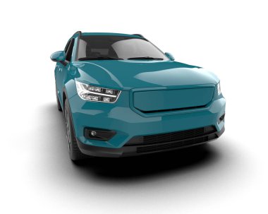 Beyaz arka planda modern bir araba. 3D görüntüleme - ön görünüm.